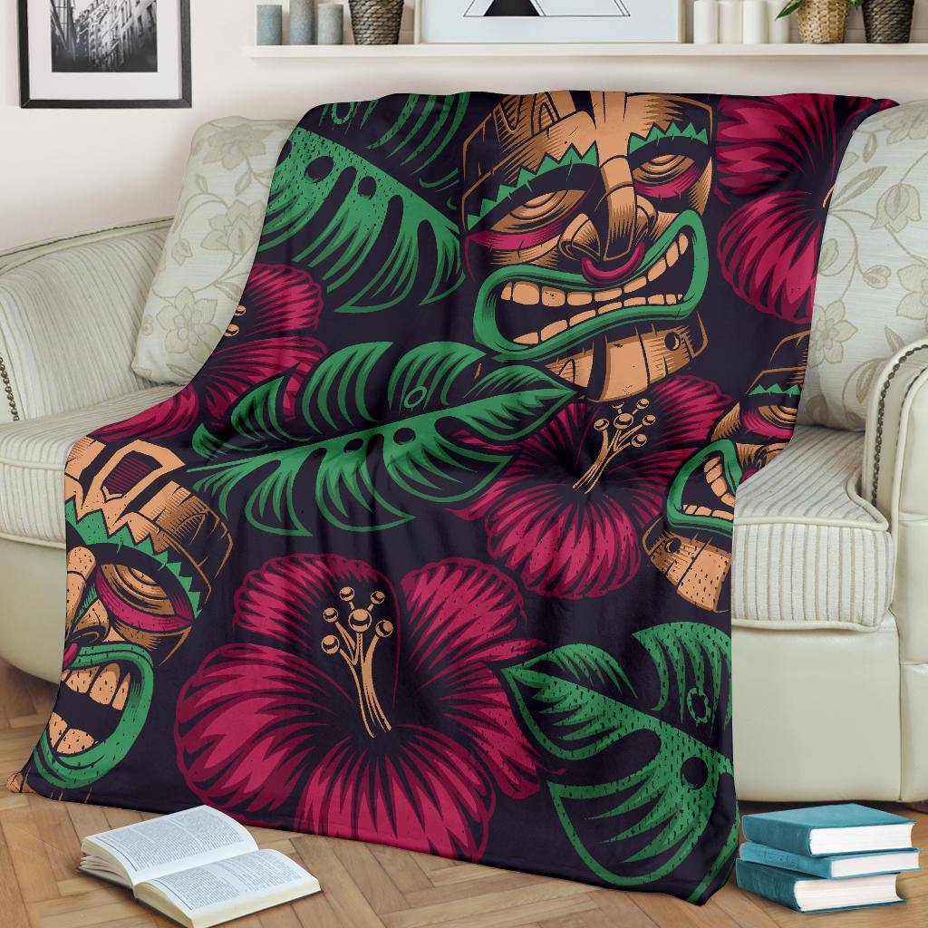 Tiki Mask Polynesia Style Tropical Flowers Premium Blanket - Top Content | POD Collection | Free Shipping