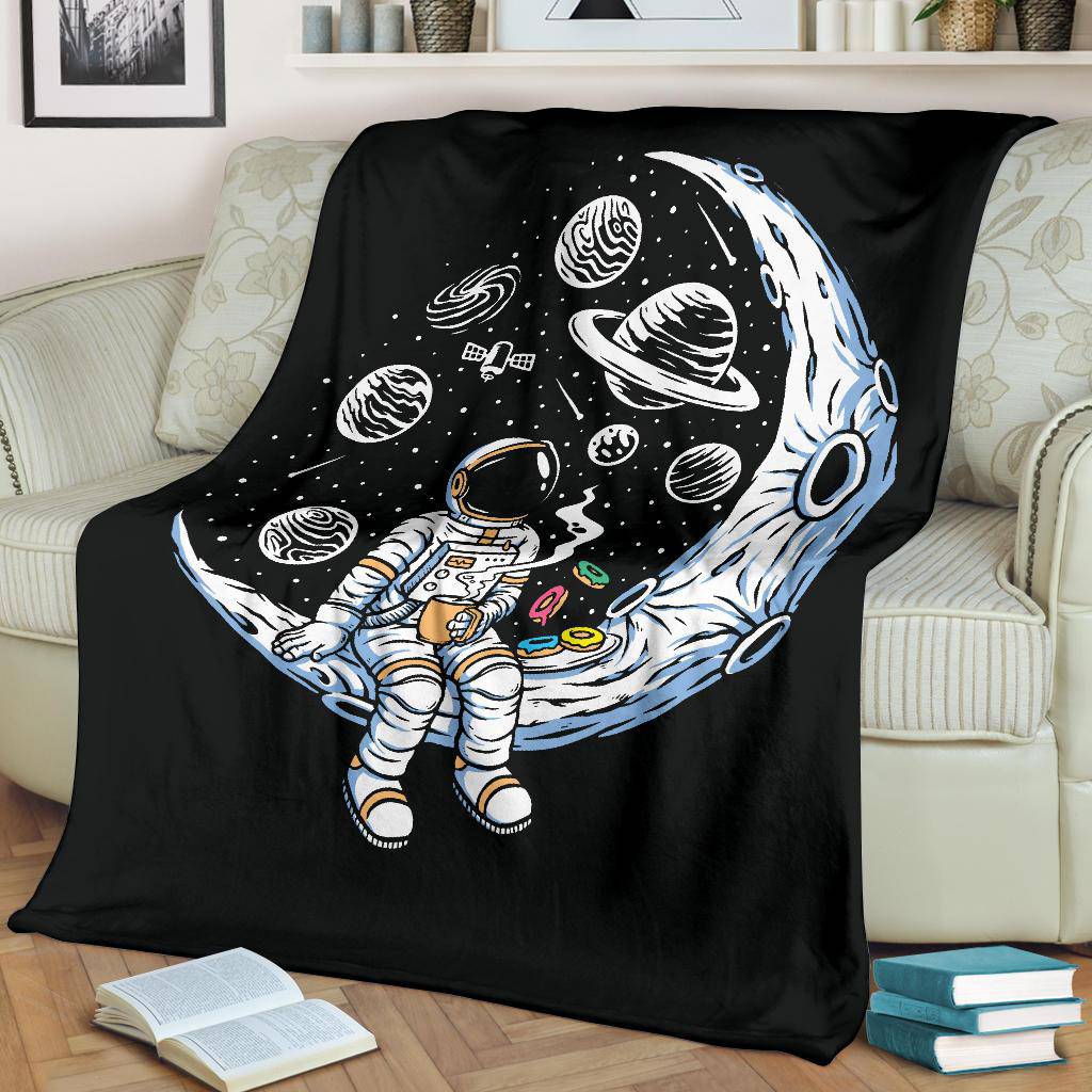 Premium Blanket Moon Astronaut Drinking Coffee And Eating Doughnuts - Top Content | POD Collection | Free Shipping