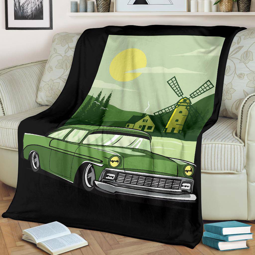 Green Car Windmill Cartoon Premium Blanket - Top Content | POD Collection | Free Shipping