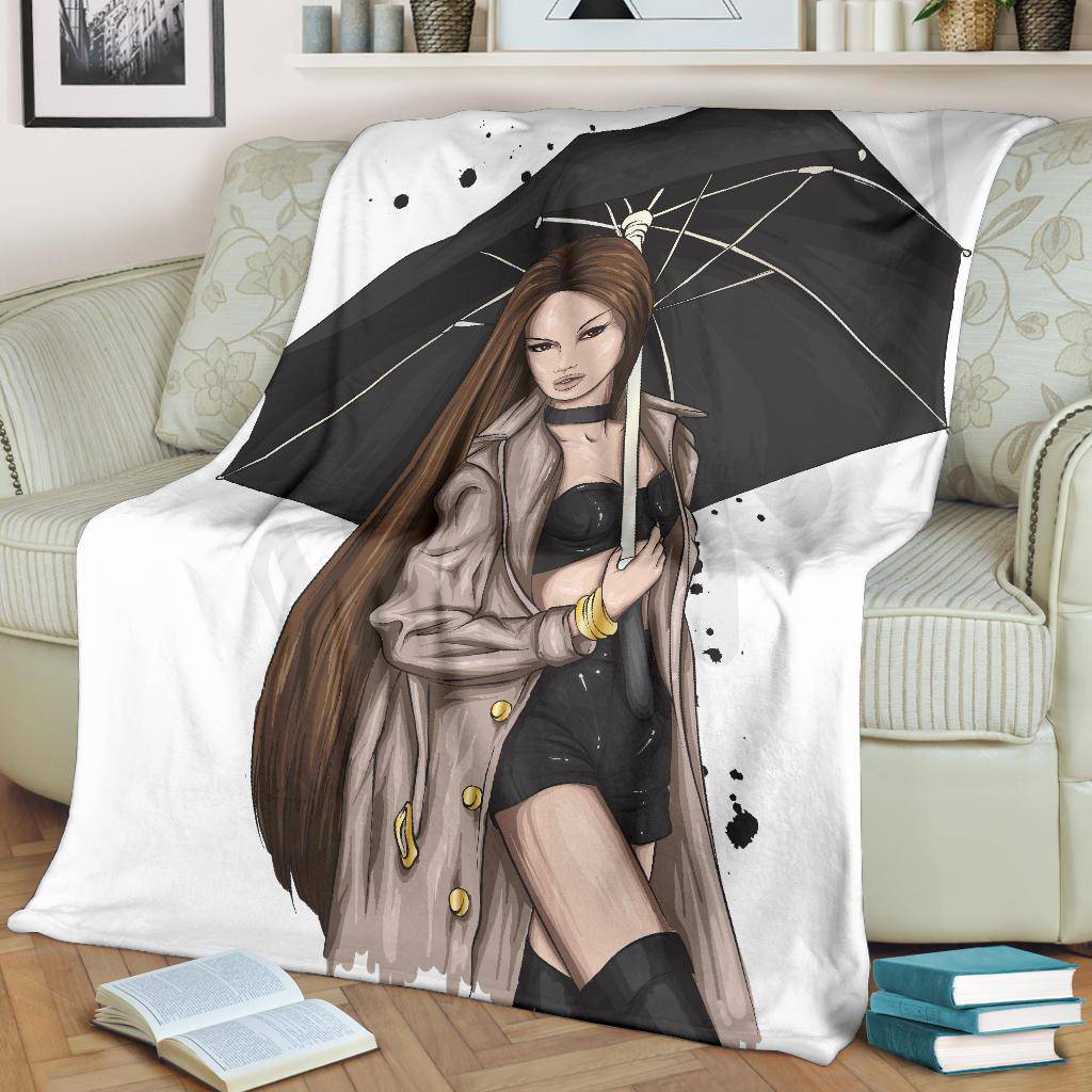 Premium Blanket Stylish Brunette Girl With Umbrella Cartoon - Top Content | POD Collection | Free Shipping