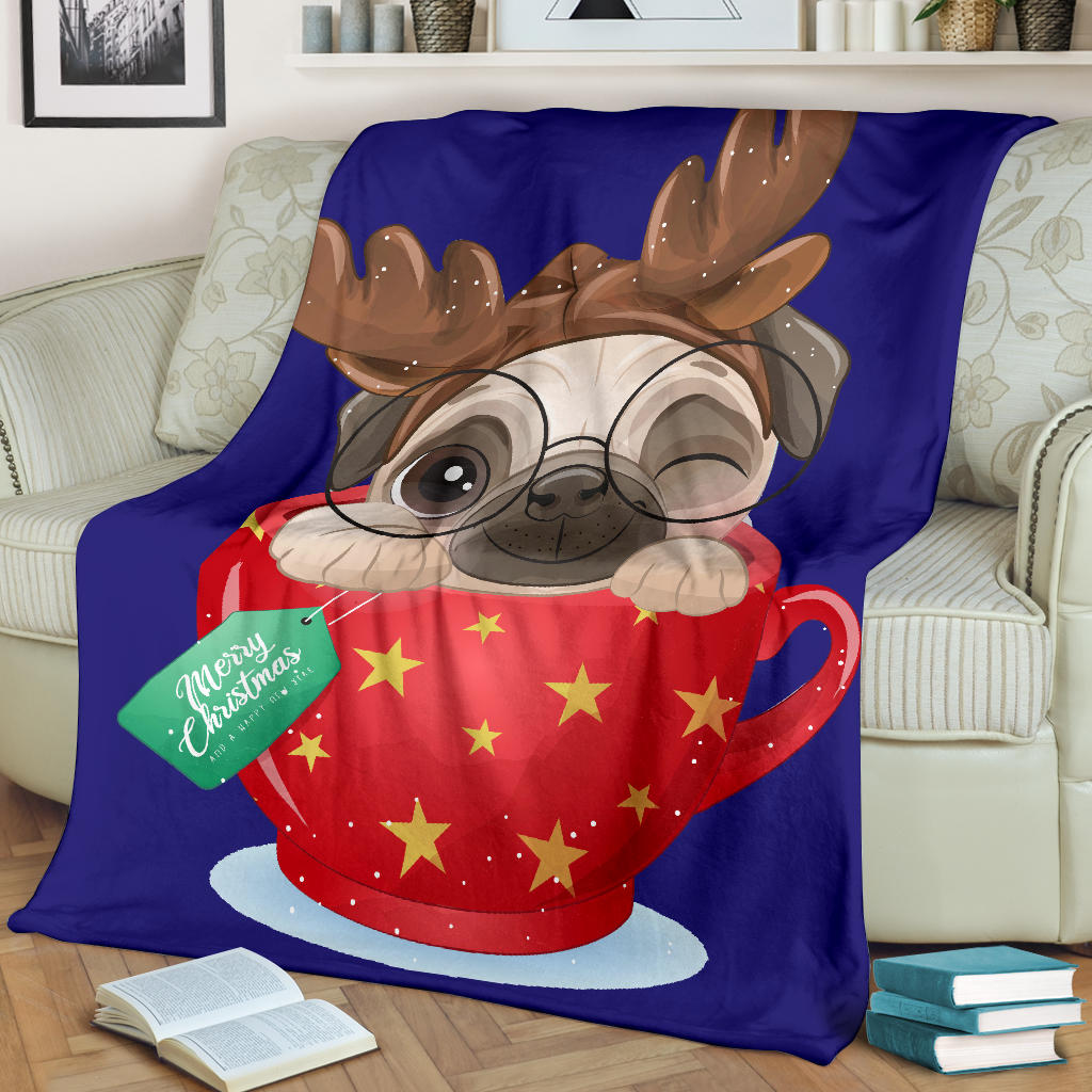 cute doodle pug christmas day blue blanket - Top Content | POD Collection | Free Shipping