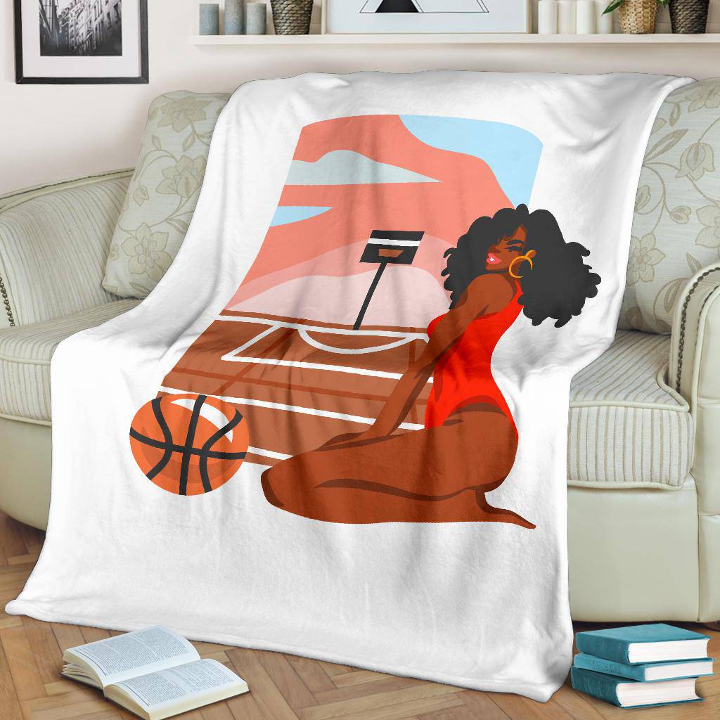 Happy Afro Woman Basketball Player, Hand Drawn Cartoon Premium Blanket - Top Content | POD Collection | Free Shipping