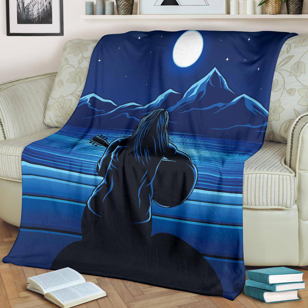 Guitarist Woman in the Moonlight, Mountain view, Sea Premium Blanket - Top Content | POD Collection | Free Shipping