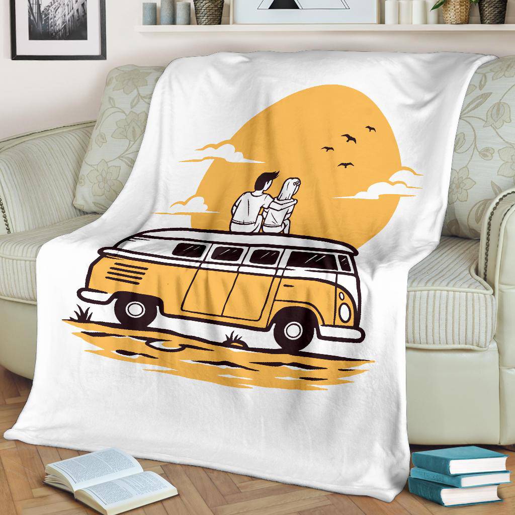 Romantic Sunrise Premium Blanket, Love Traveling Cartoon Style - Top Content | POD Collection | Free Shipping