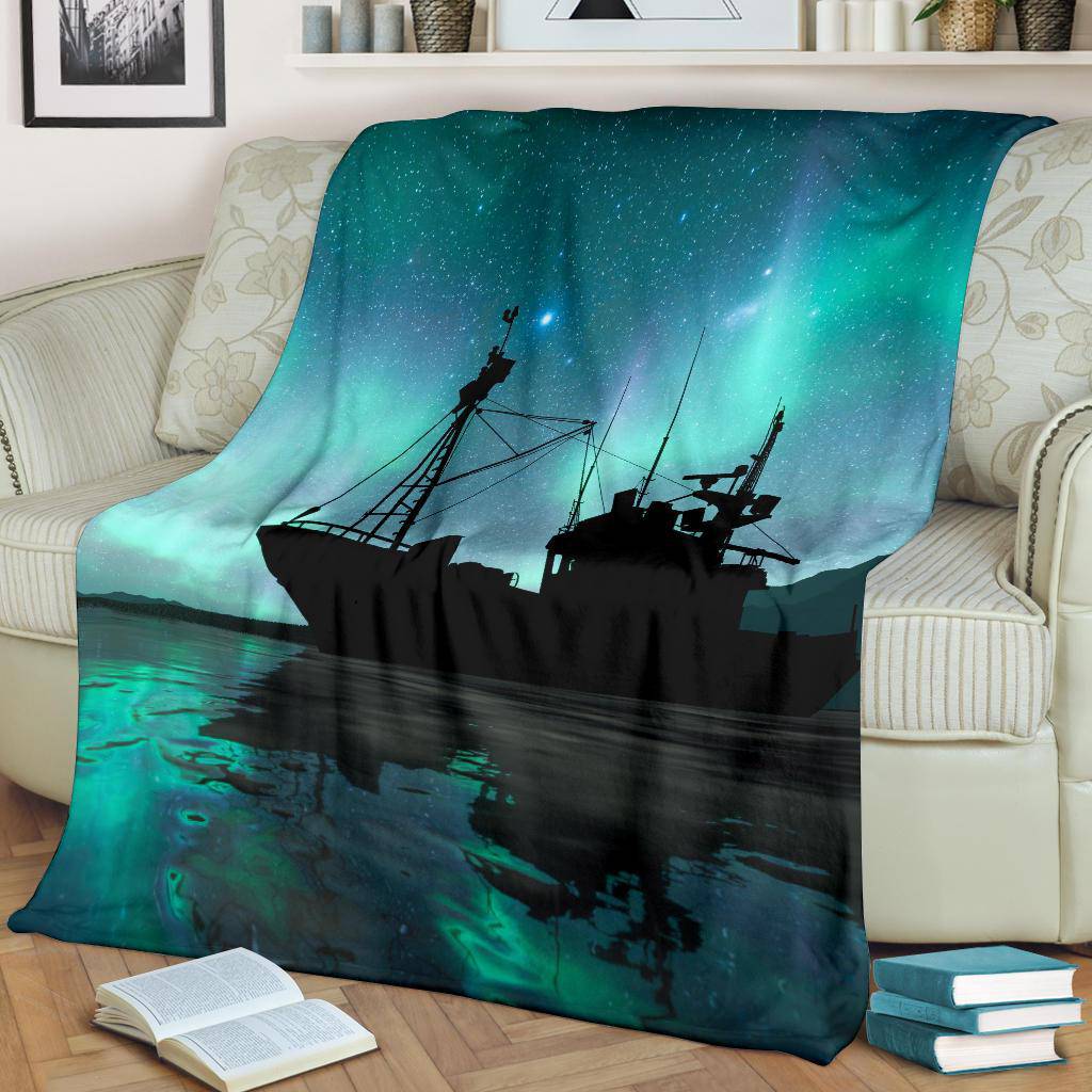 Silhouette Vessel Sea Aurora Stars Premium Blanket - Top Content | POD Collection | Free Shipping