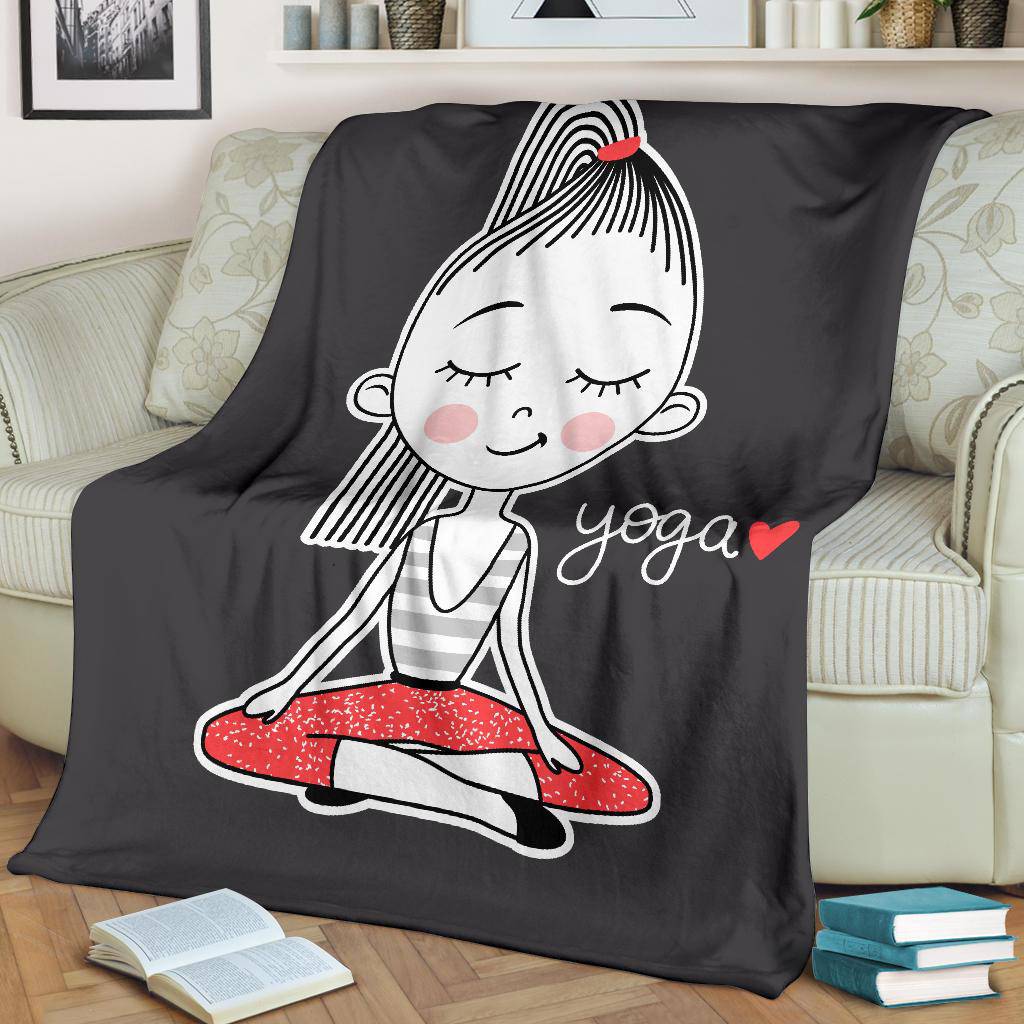 I Love Yoga, Cut Girl Doing Yoga, Lotus Position Cartoon Premium Blanket - Top Content | POD Collection | Free Shipping