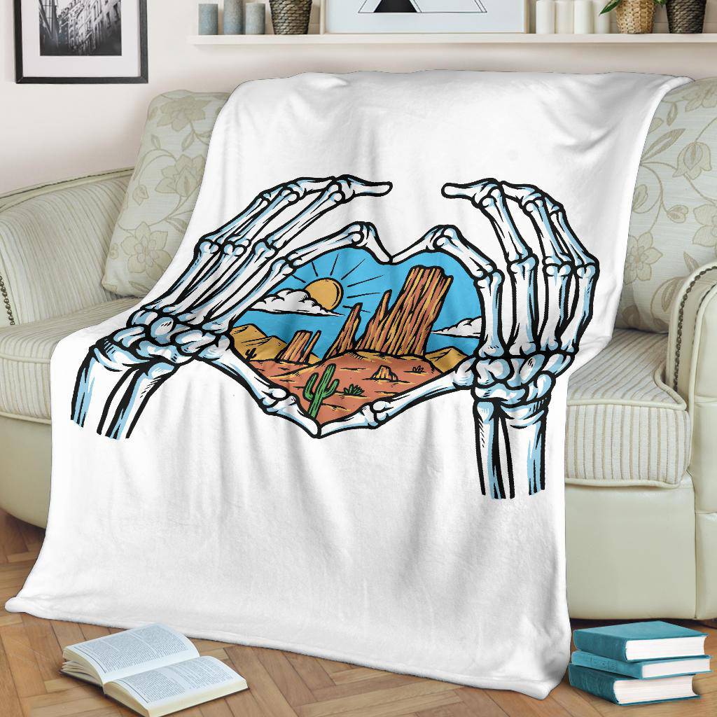 Skeleton Hands Shows Love For Desert View Cartoon Premium Blanket - Top Content | POD Collection | Free Shipping