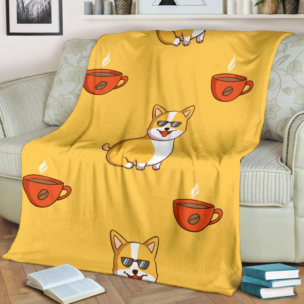 Cool Corgi Cartoon WIth Coffee Cup Premium Blanket - Top Content | POD Collection | Free Shipping