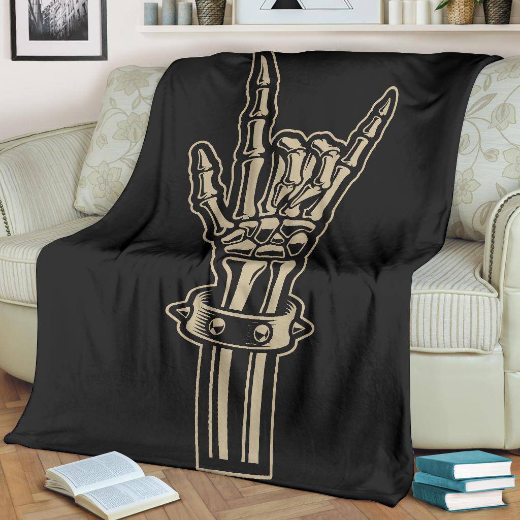 Skeleton Bone Cool Rock Hand Sign Cartoon Style Premium Blanket - Top Content | POD Collection | Free Shipping