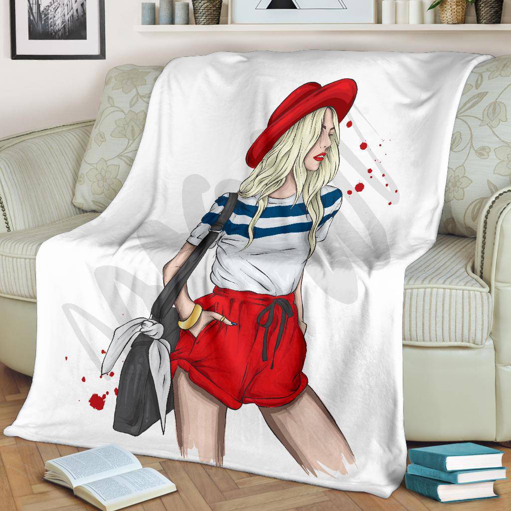 Stylish Red Summer Girl In Shorts Cartoon Premium Blanket - Top Content | POD Collection | Free Shipping