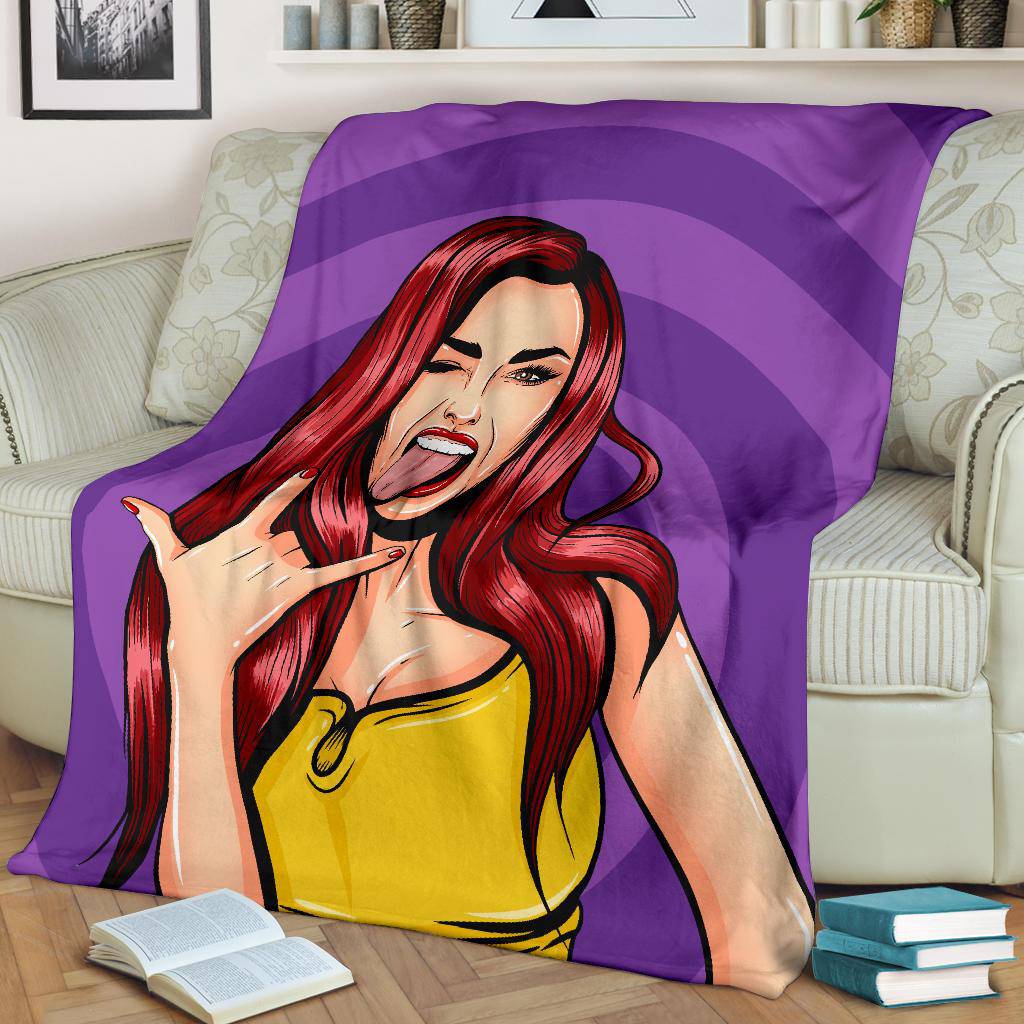 Crazy Girl Pop Art Rock Showing Tongue Premium Blanket - Top Content | POD Collection | Free Shipping