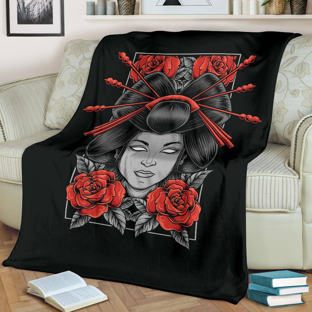 Geisha With Rose Flowers Cartoon Premium Blanket - Top Content | POD Collection | Free Shipping