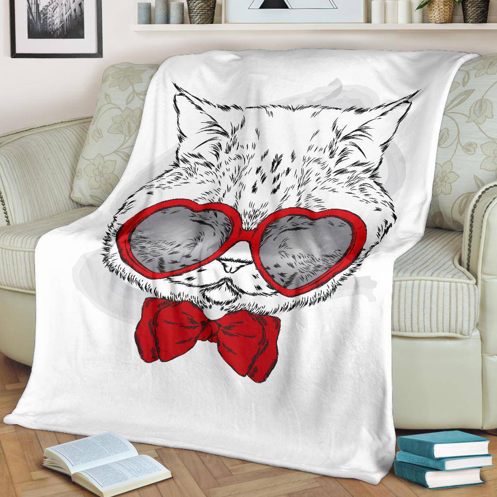 Cute Cat With Red Heart Glasses Premium Blanket - Top Content | POD Collection | Free Shipping