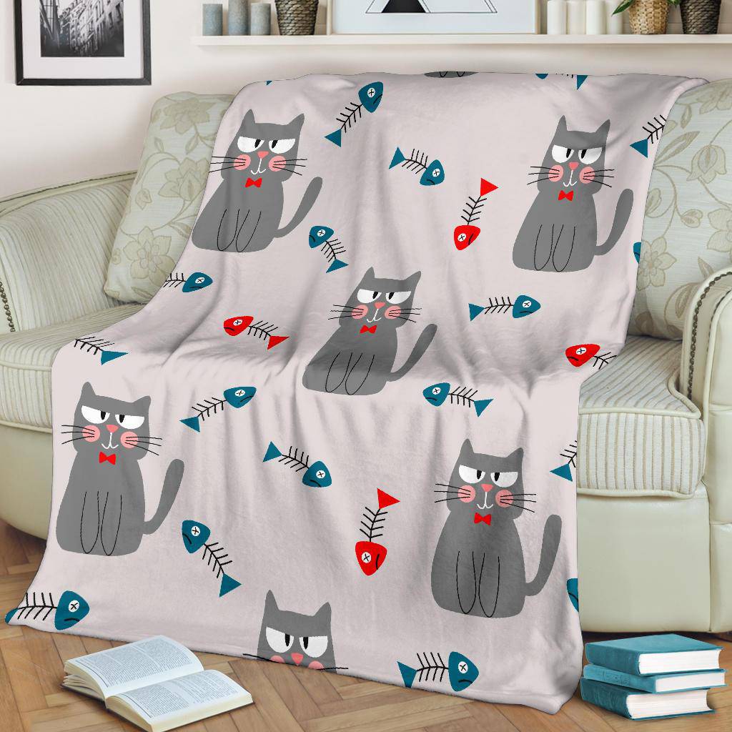 Premium Blanket Cute Cat Fishbone Seamless Background Illustration - Top Content | POD Collection | Free Shipping