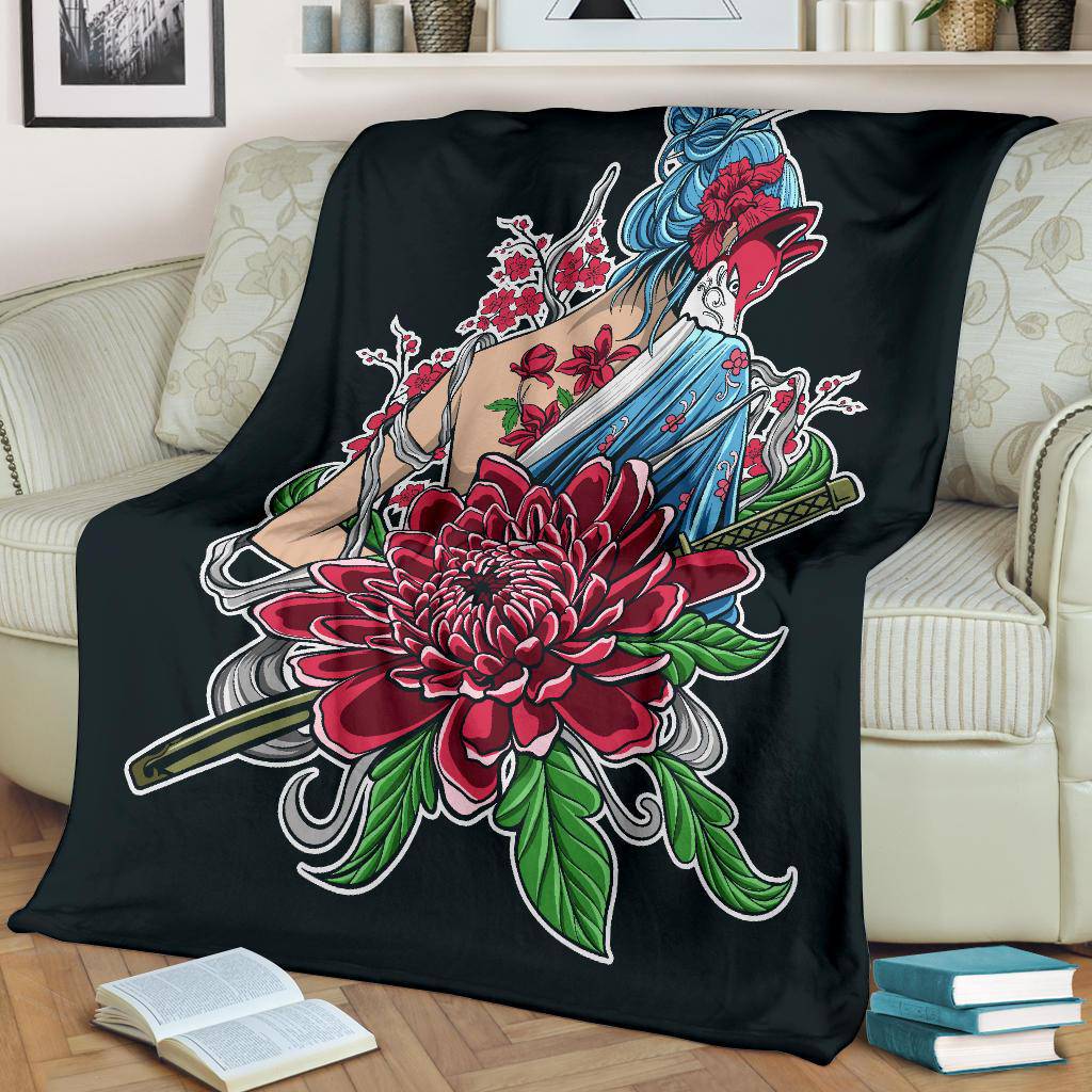 Japanese Samurai Girl With Flower Ornament Drawing Premium Blanket - Top Content | POD Collection | Free Shipping