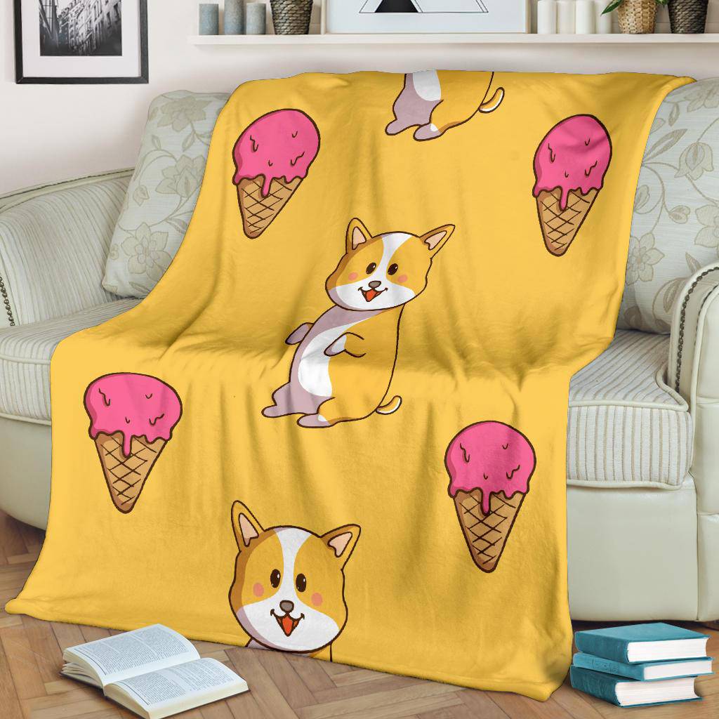 Cute Corgi With Ice Cream, Yellow Doodle Style Cartoon Premium Blanket - Top Content | POD Collection | Free Shipping