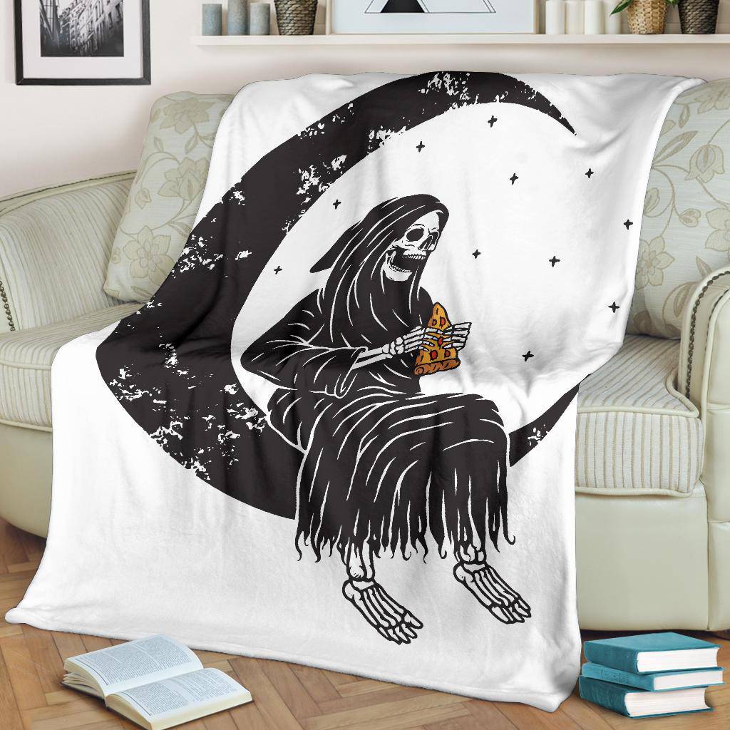 Premium Blanket Skull Moon Grim Reaper Eating Pizza Funny Cartoon - Top Content | POD Collection | Free Shipping