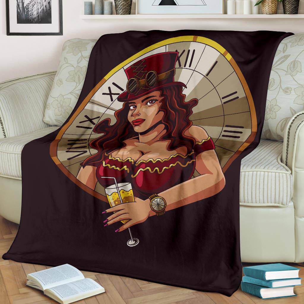 Premium Blanket Steampunk Girl Clock Illustration Cartoon - Top Content | POD Collection | Free Shipping