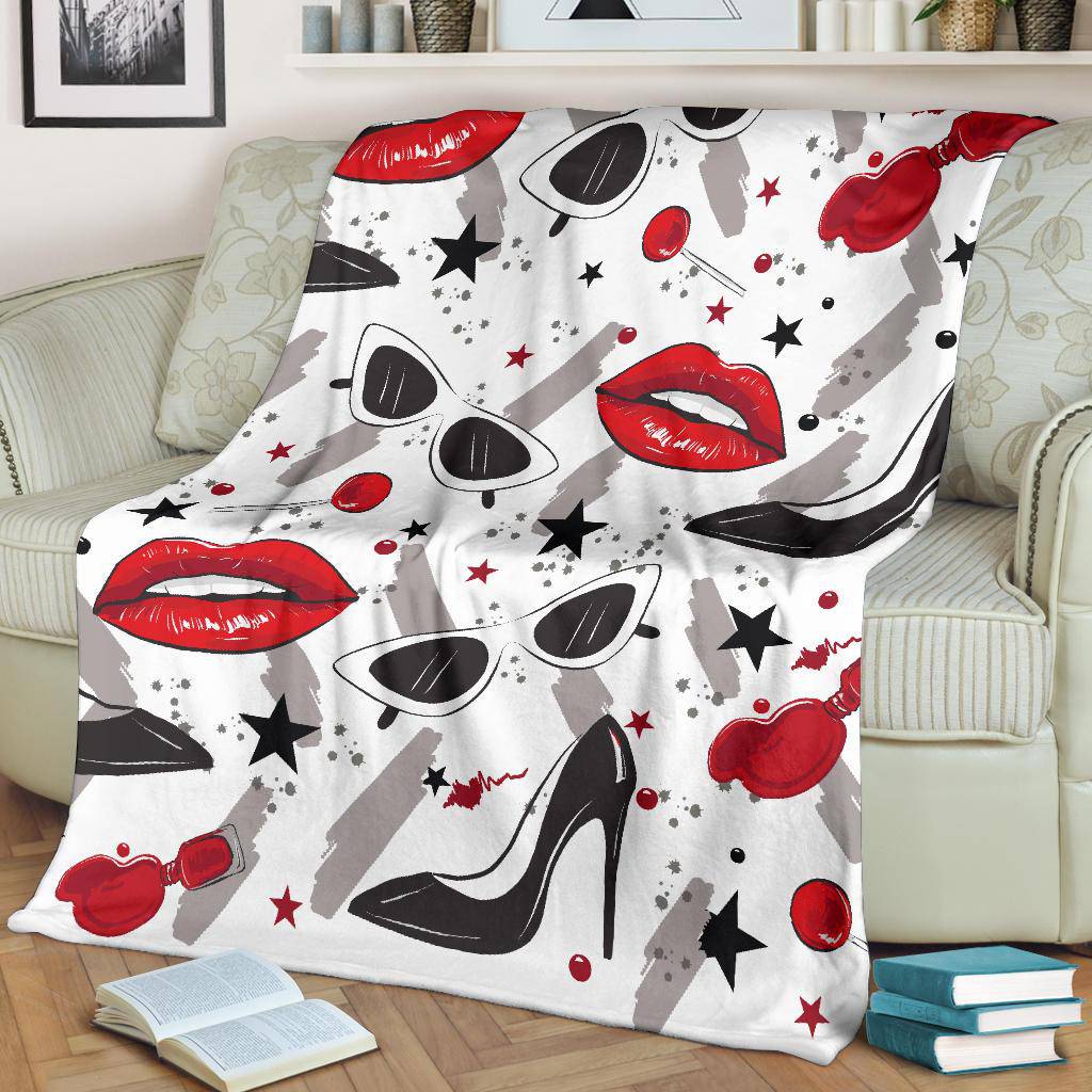 Red Lips Black Heels Lollipop Makeup Stars Premium Blanket - Top Content | POD Collection | Free Shipping