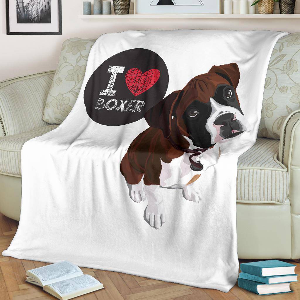 I Love Boxer, Cute Dog Cartoon Illustration Premium Blanket - Top Content | POD Collection | Free Shipping