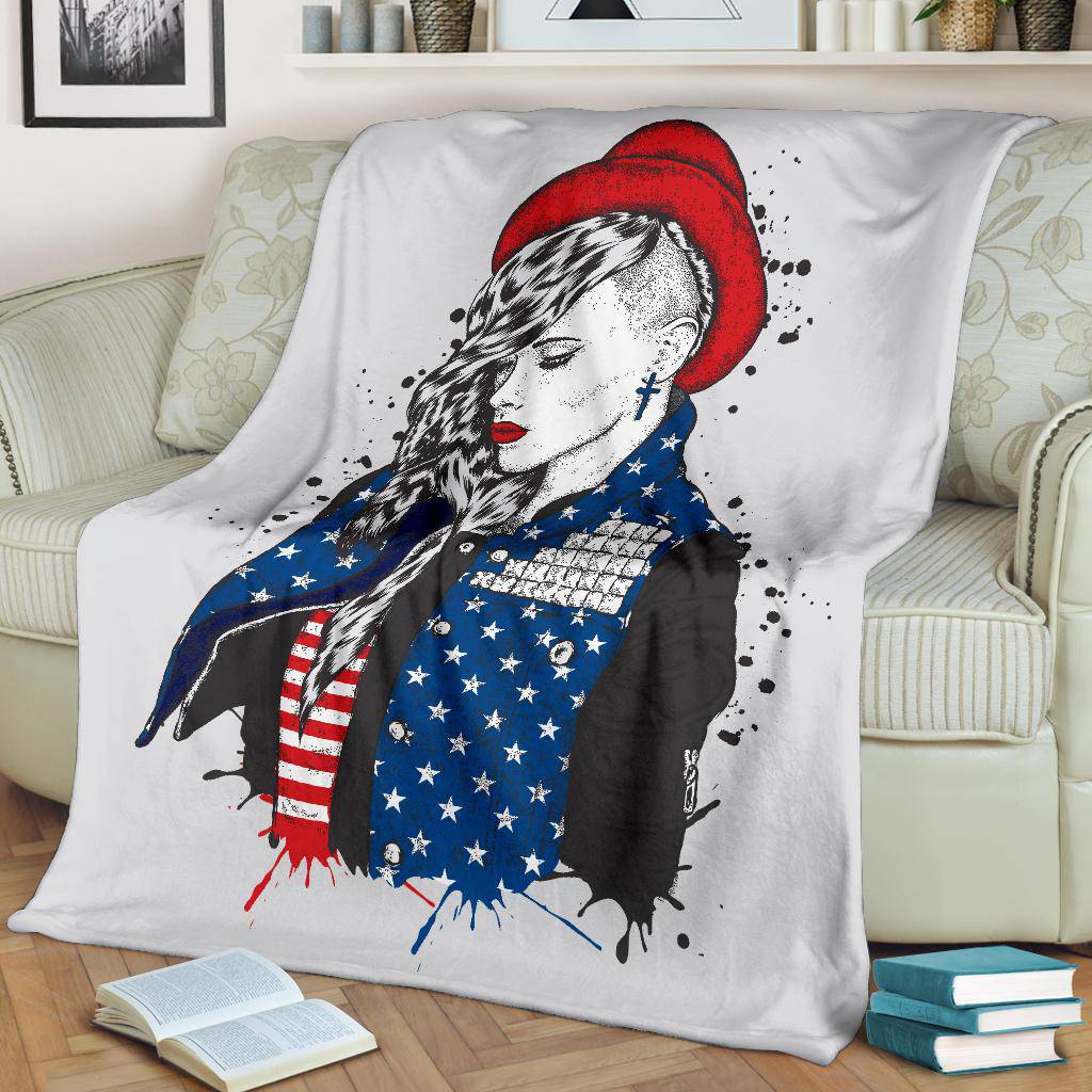 Beautiful Girl Hand Drawing USA Flag Premium Blanket - Top Content | POD Collection | Free Shipping