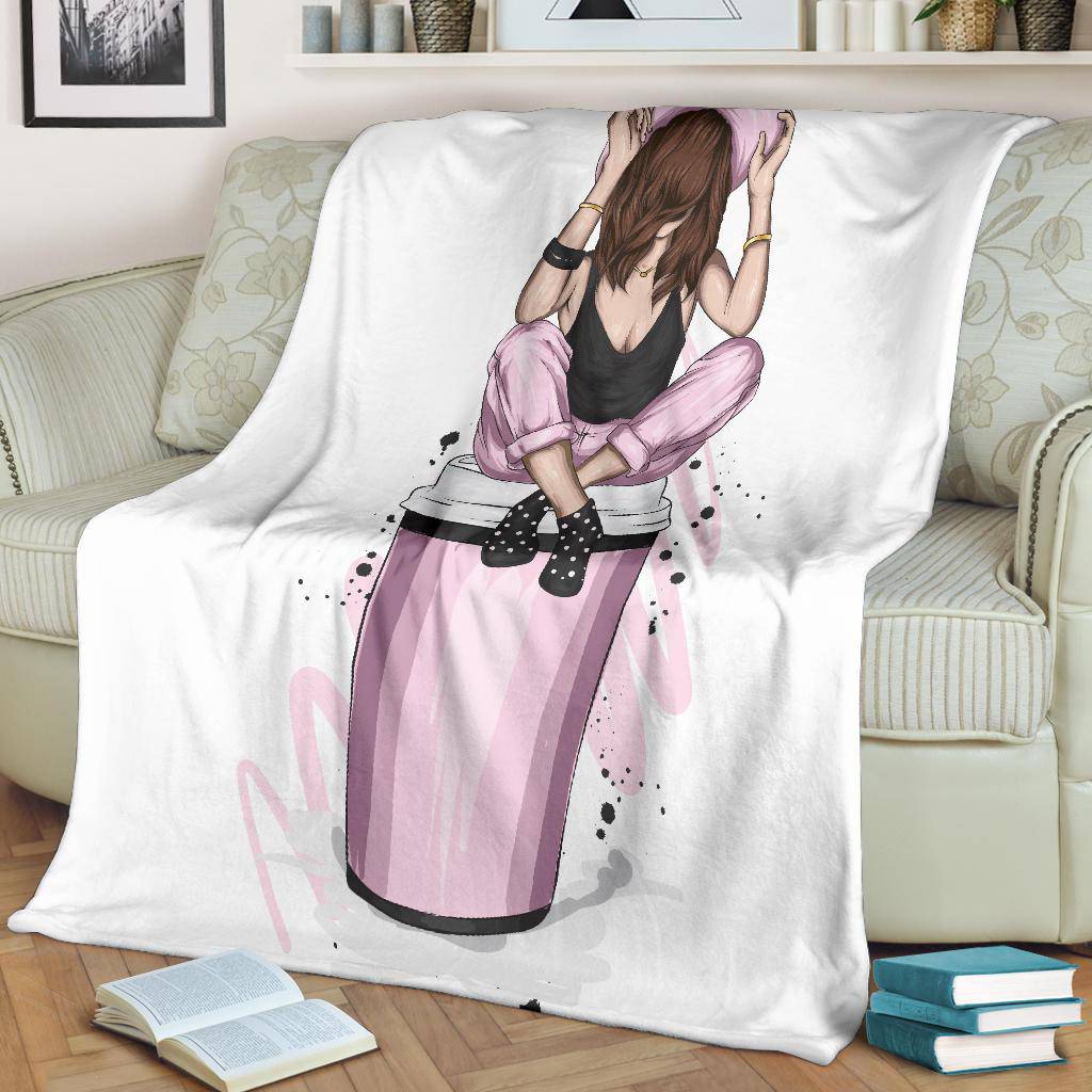 Girl with Stylish Pink Clothes and a Cup of Coffee Premium Blanket - Top Content | POD Collection | Free Shipping