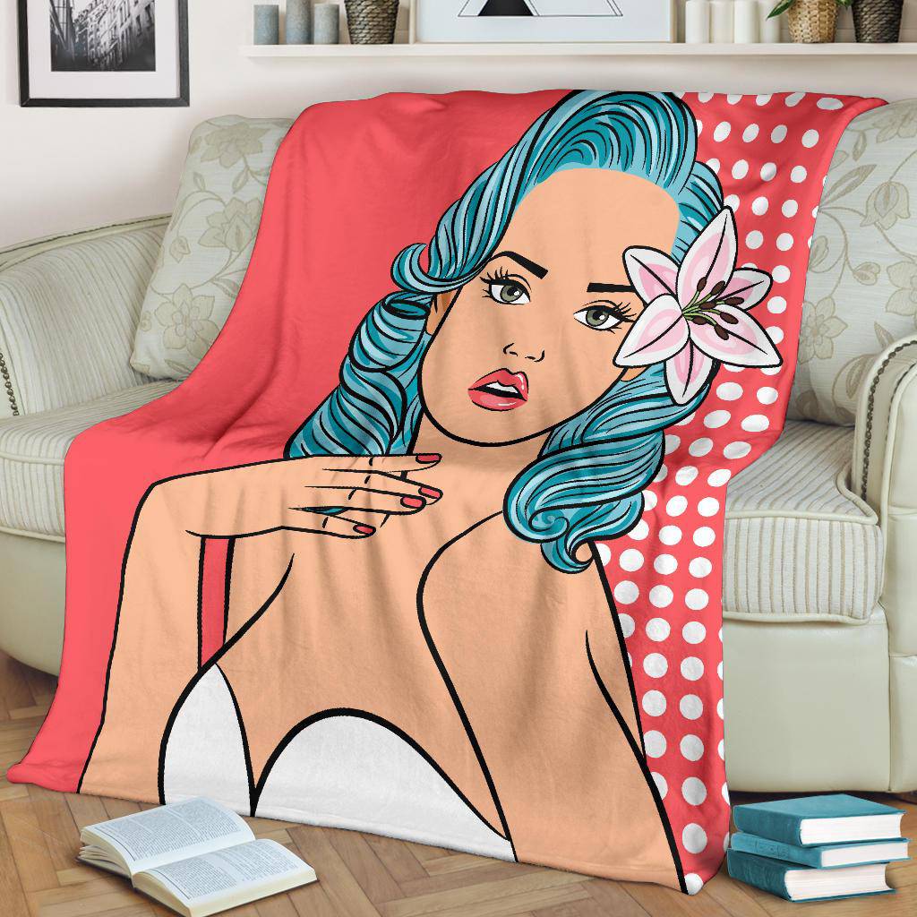 Pop Art Cartoon Sexy Girl with Blue Hair Premium Blanket - Top Content | POD Collection | Free Shipping