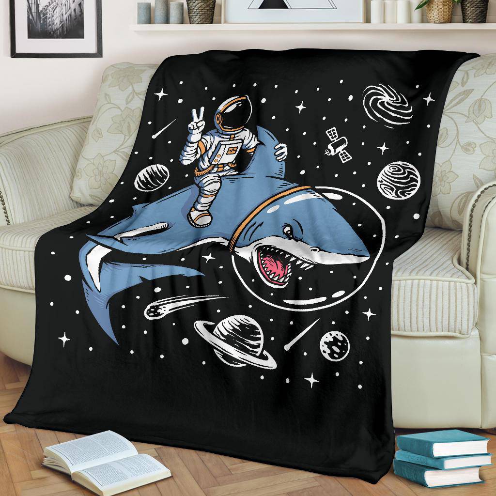 Astronaut Riding A Shark Premium Blanket, Cool Space Cartoon Drawing - Top Content | POD Collection | Free Shipping