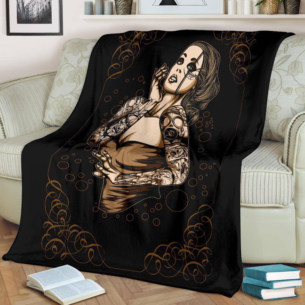 Sexy Tattooed Girl Premium Blanket, Tattoo Style Cartoon Drawing - Top Content | POD Collection | Free Shipping