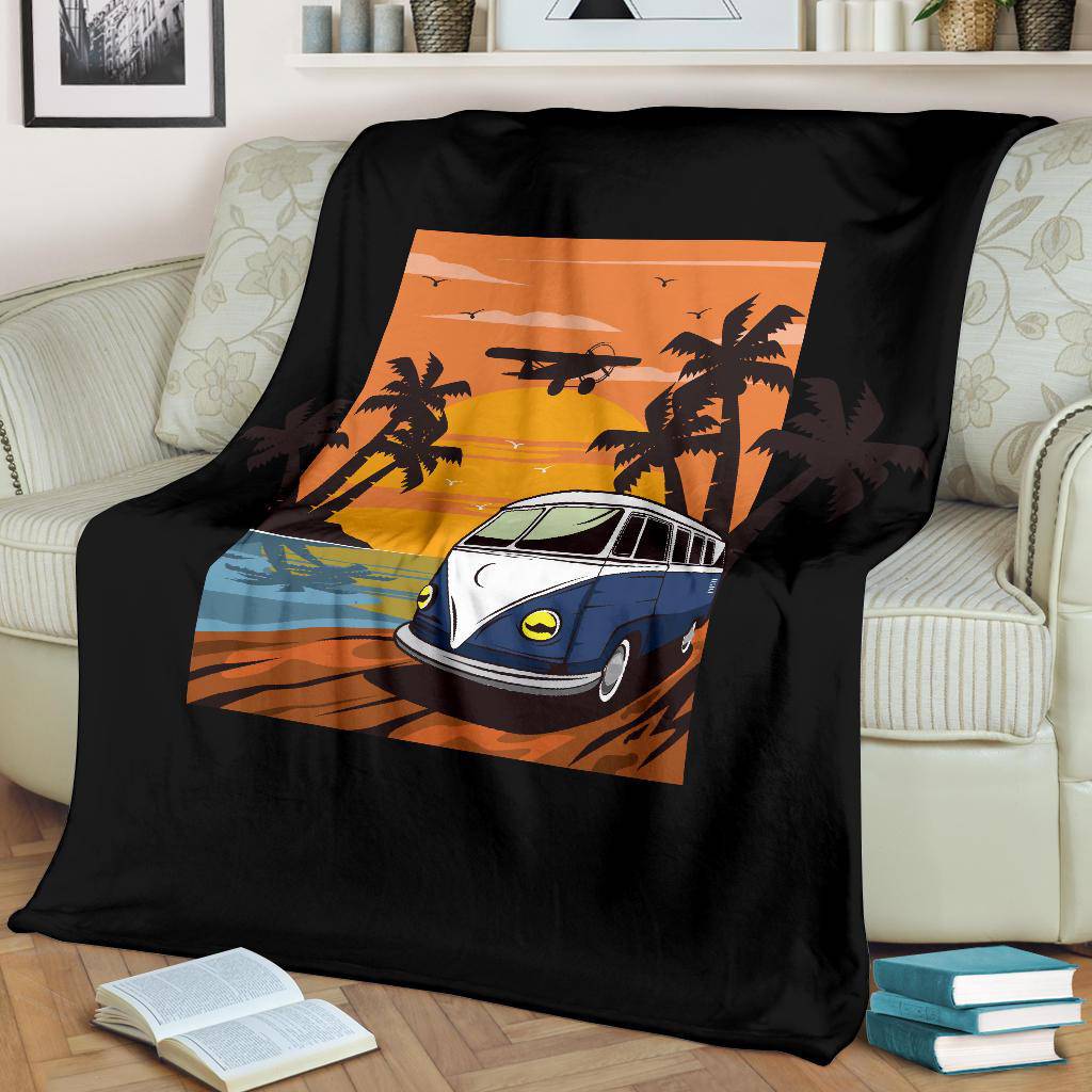 Blue Van Island Sunset Cartoon Premium Blanket - Top Content | POD Collection | Free Shipping