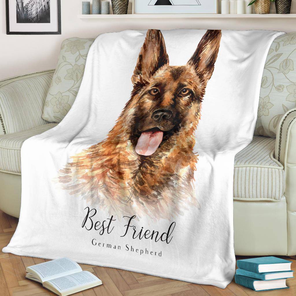 Best Friend German Shepherd Premium Blanket, Watercolor Dog Portrait Drawing - Top Content | POD Collection | Free Shipping