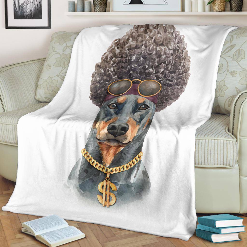 Funny Afro Doberman Premium Blanket, Watercolour Dog Portrait Drawing - Top Content | POD Collection | Free Shipping