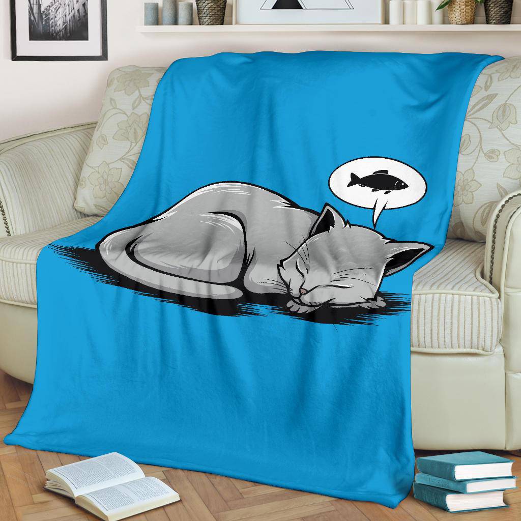 Sleeping Cat Dreaming About Fish Premium Blanket - Top Content | POD Collection | Free Shipping