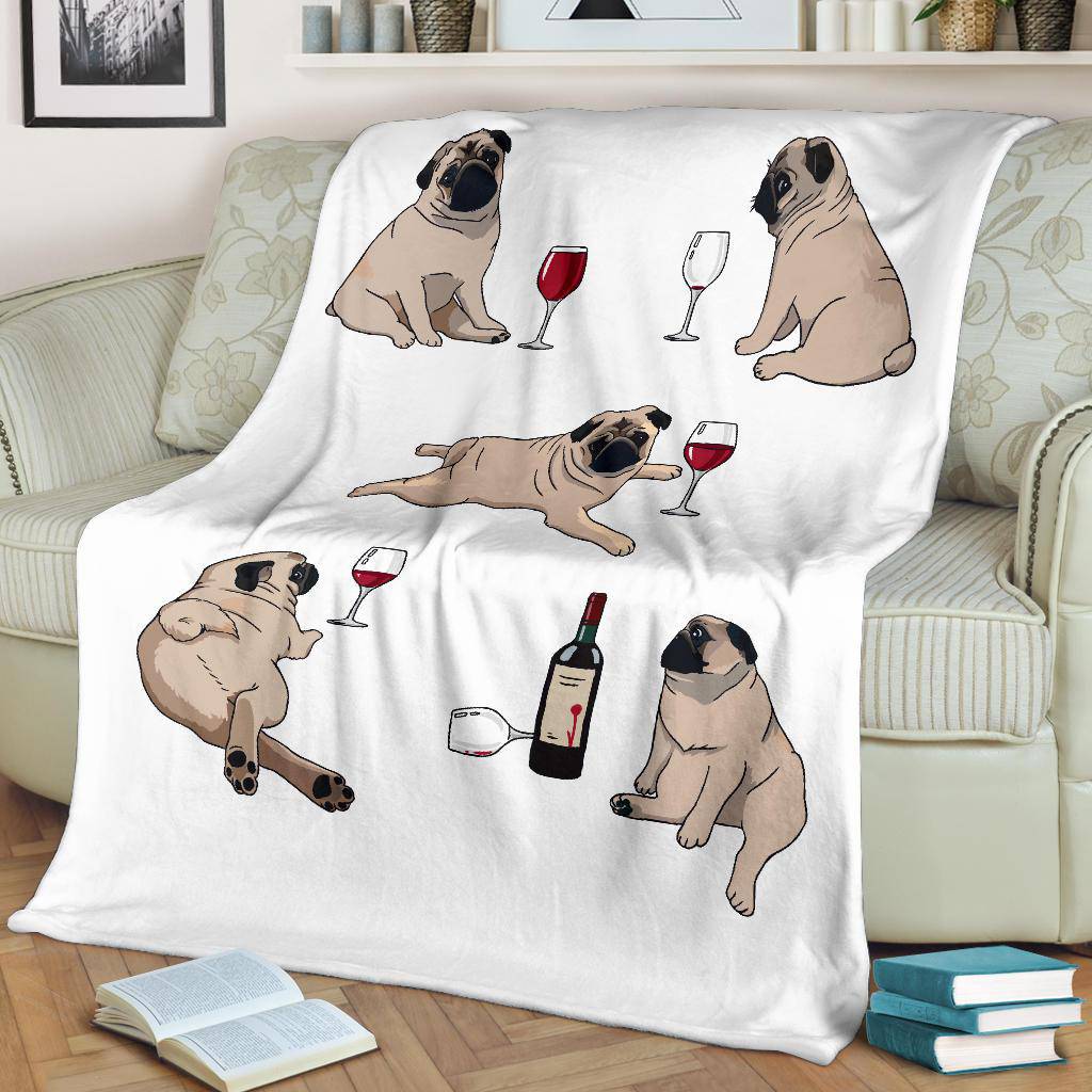 Funny Pug Posing With Bottle of Wine Cartoon Style Premium Blanket - Top Content | POD Collection | Free Shipping