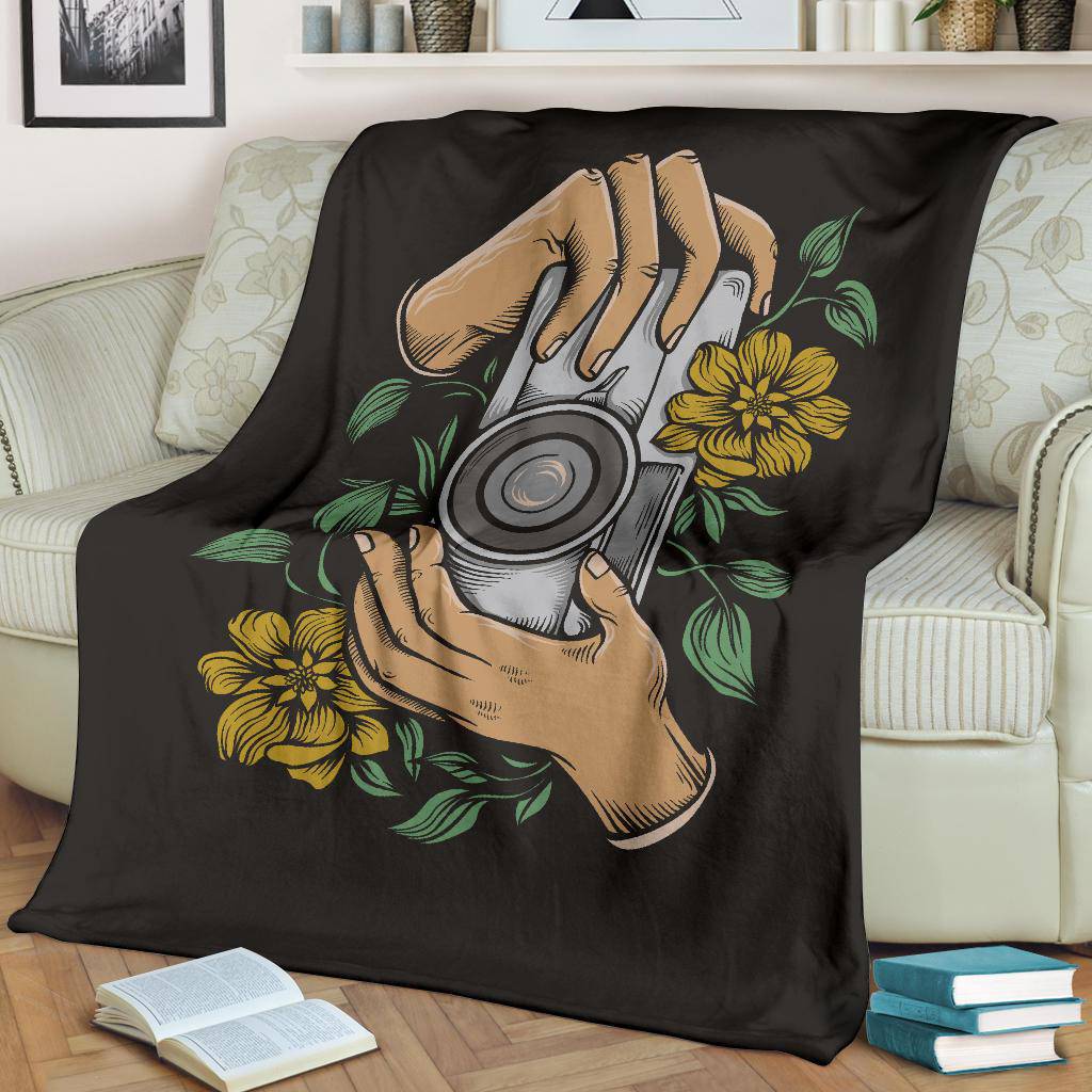 Holding Vintage Camera Cartoon Flower Illustration Premium Blanket - Top Content | POD Collection | Free Shipping