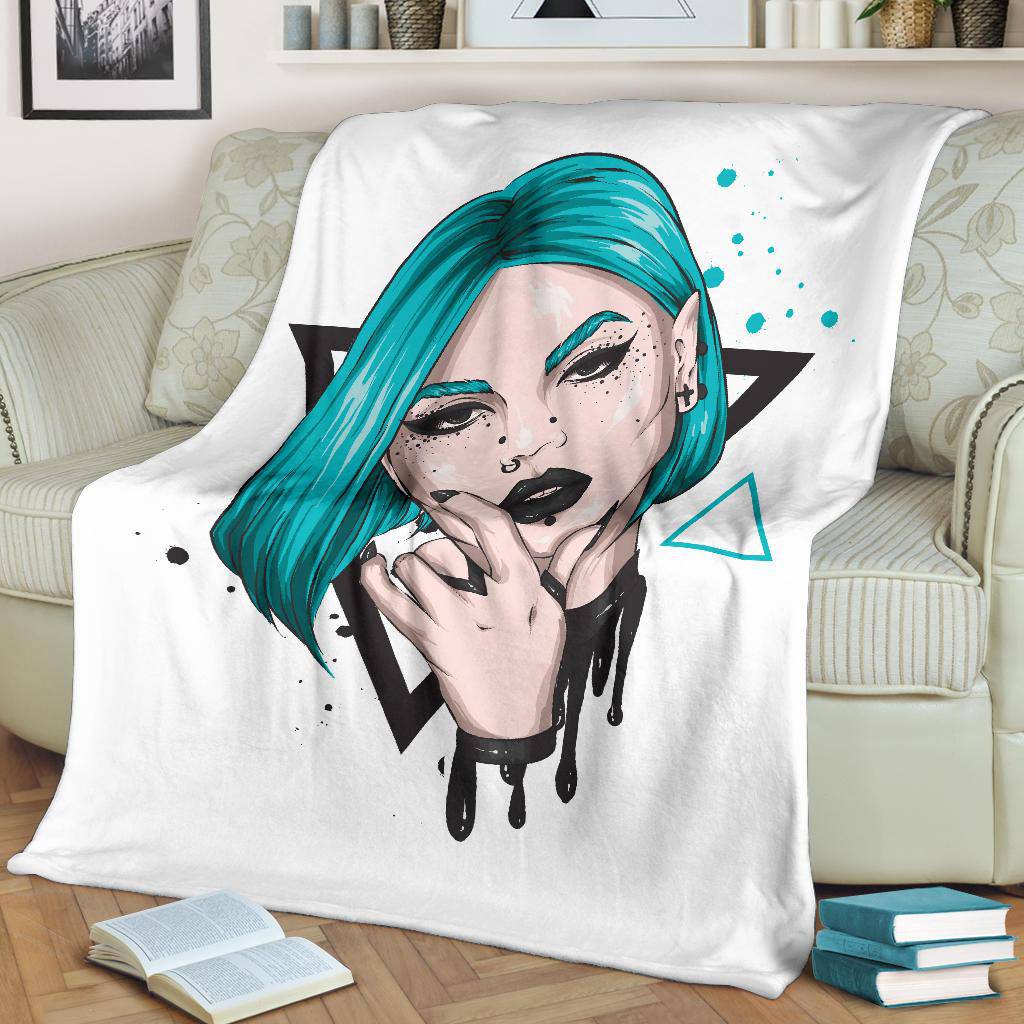 Blue Girl Portrait Premium Blanket, Cool Punk Cartoon Drawing - Top Content | POD Collection | Free Shipping