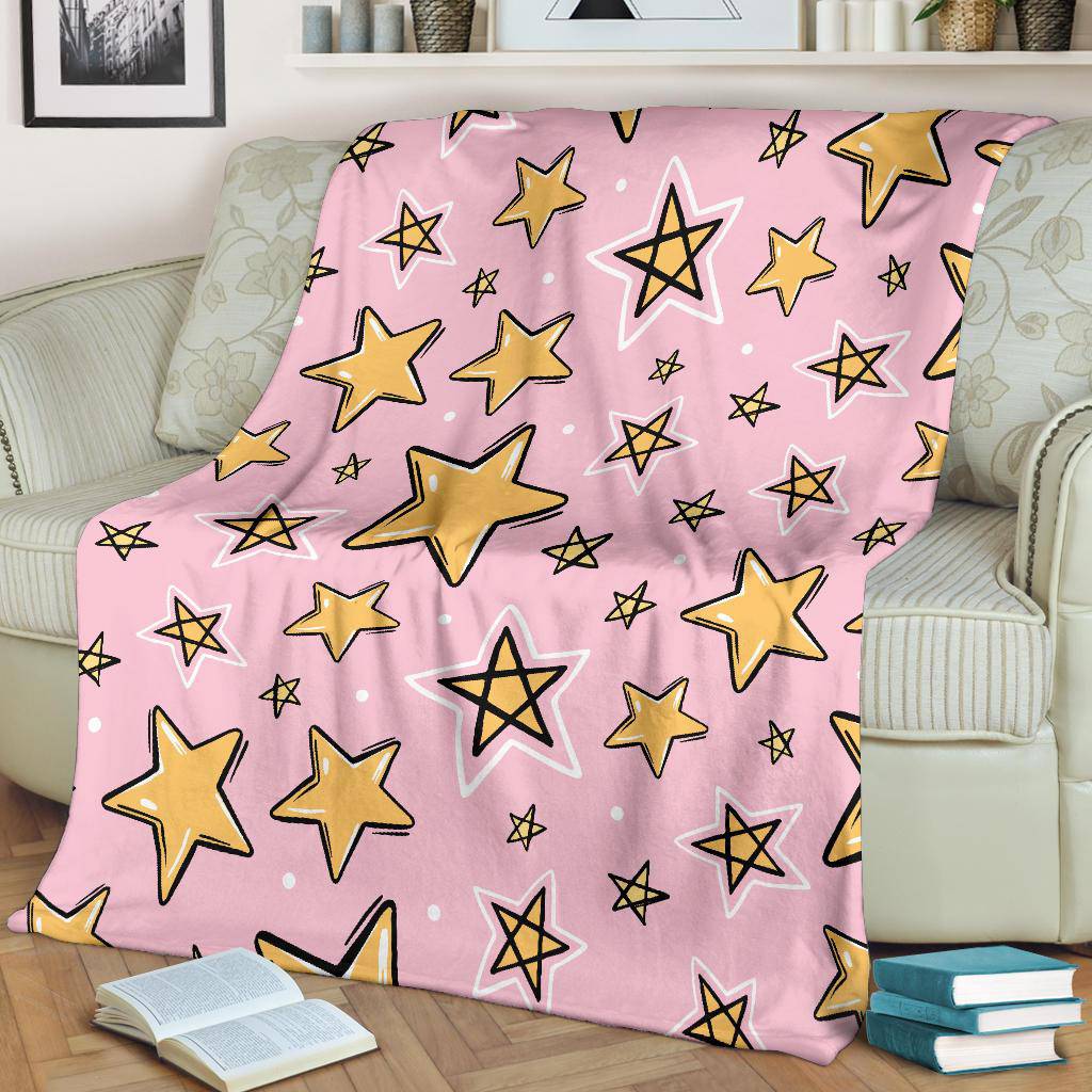 Hand Drawn Yellow Stars, Pink Seamless Pattern Premium Blanket - Top Content | POD Collection | Free Shipping