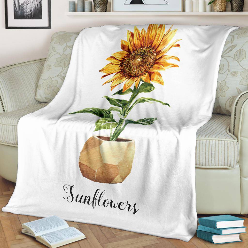 Sunflower Flower Pot Premium Blanket, Watercolour Drawing Illustration - Top Content | POD Collection | Free Shipping