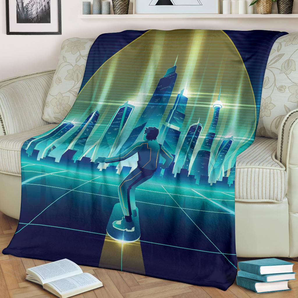 Skateboard Man Future Metropolis City Premium Blanket - Top Content | POD Collection | Free Shipping