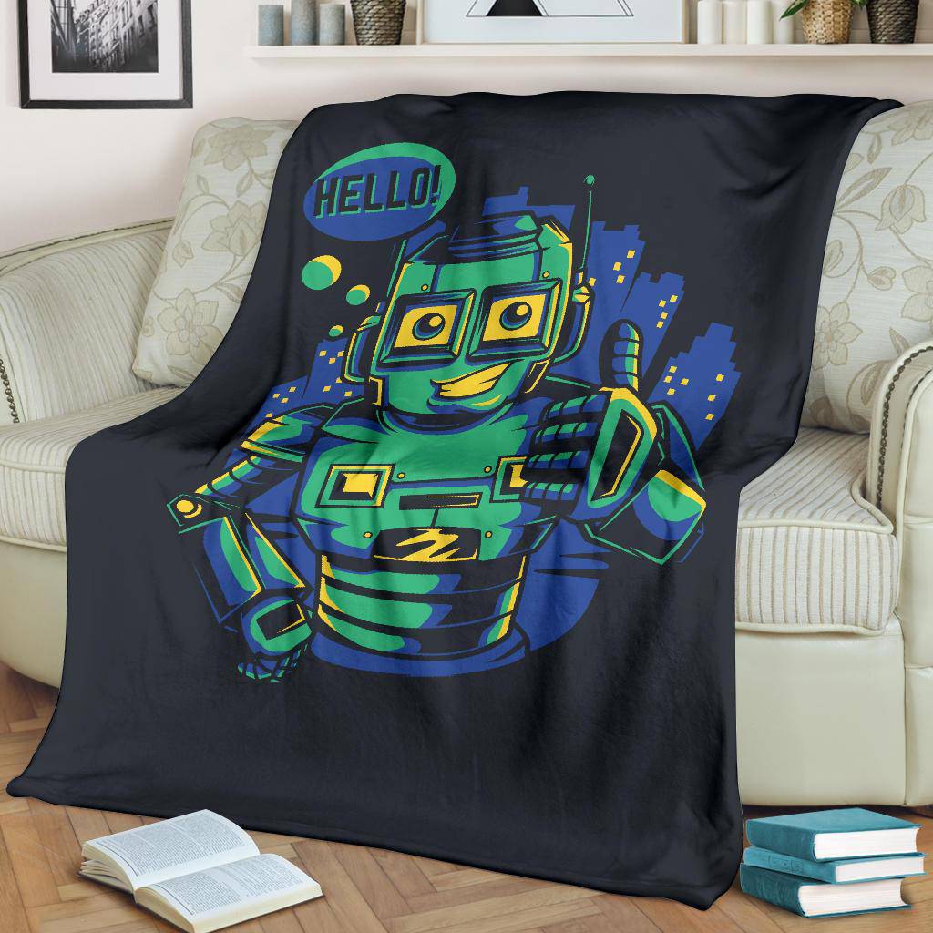 Hello Robot Happy Bot Droid Cartoon Premium Blanket - Top Content | POD Collection | Free Shipping