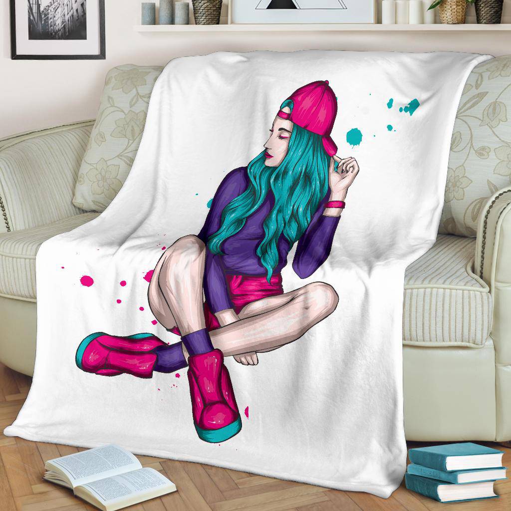 Premium Blanket Cool Colorful Girl Cap and Shorts Illustration - Top Content | POD Collection | Free Shipping