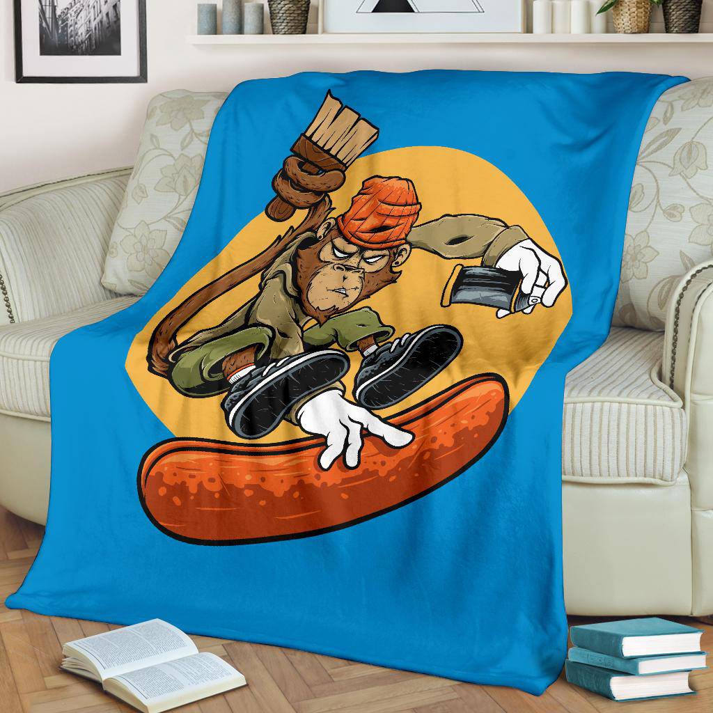 Monkey Graffiti Riding a Skateboard Cartoon Premium Blanket - Top Content | POD Collection | Free Shipping