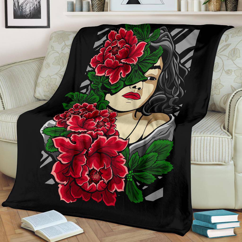 Beautiful Red Flower Women Cartoon Drawing Premium Blanket - Top Content | POD Collection | Free Shipping