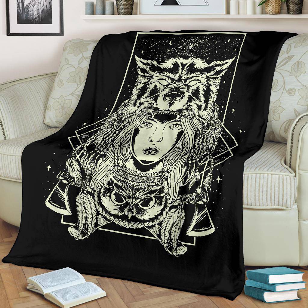 Hand Drawing Chief Women Wolf Head Illustration Premium Blanket - Top Content | POD Collection | Free Shipping