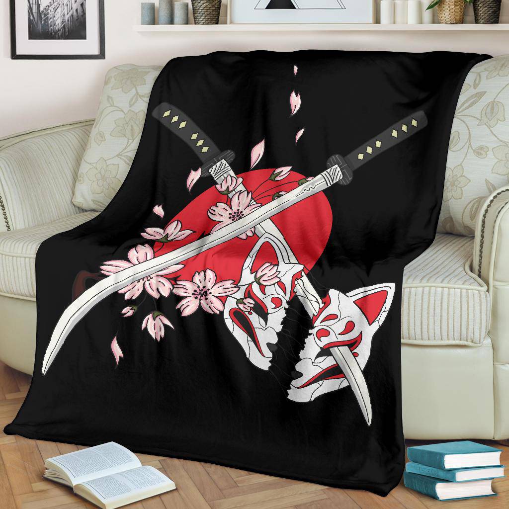 Swords Japanese Mask Kitsune Premium Blanket - Top Content | POD Collection | Free Shipping