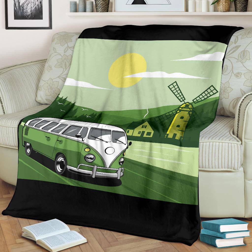 Green Van Windmill Cartoon Premium Blanket - Top Content | POD Collection | Free Shipping