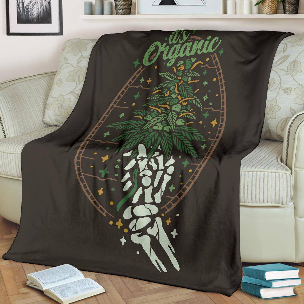 Organic Cannabis Premium Blanket, Skeleton Hand Holding Weed Plant Funny Cartoon - Top Content | POD Collection | Free Shipping