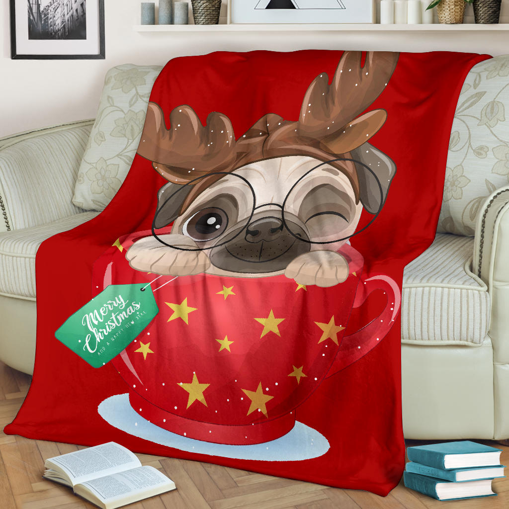 cute doodle pug christmas day with red watercolor blanket - Top Content | POD Collection | Free Shipping