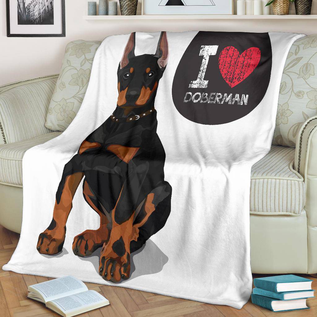 I Love Doberman, Cute Dog Cartoon Illustration Premium Blanket - Top Content | POD Collection | Free Shipping