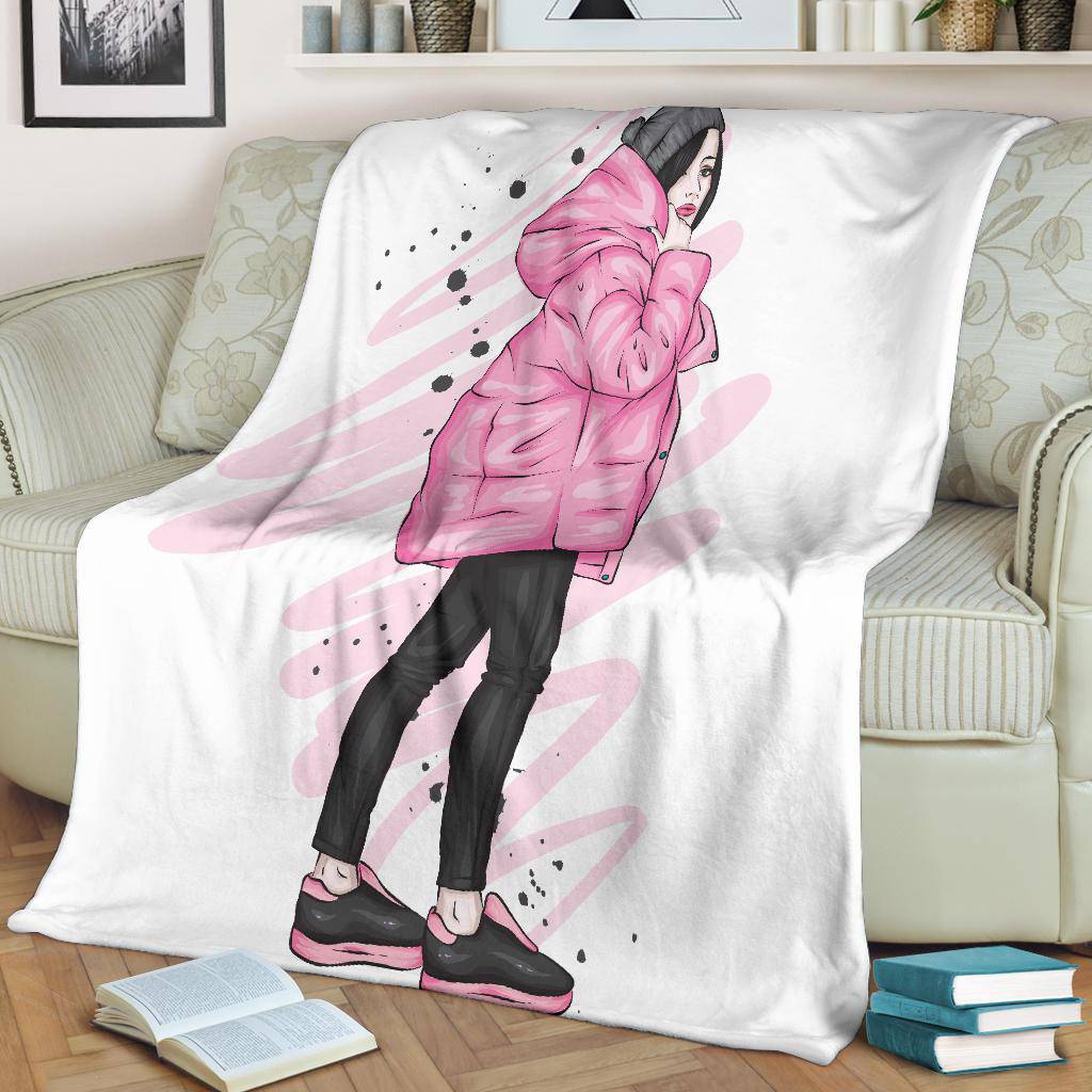 Stylish Pink Winter Girl Cartoon Premium Blanket - Top Content | POD Collection | Free Shipping